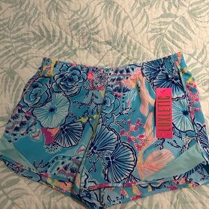 Lilly Pulitzer Blue and Pink Athletic Shorts Vibrant Tropical Print